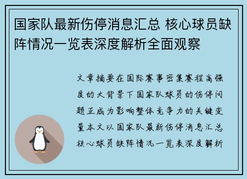 国家队最新伤停消息汇总 核心球员缺阵情况一览表深度解析全面观察 国家队最新伤停消息汇总 核心球员缺阵情况一览表深度解析全面观察