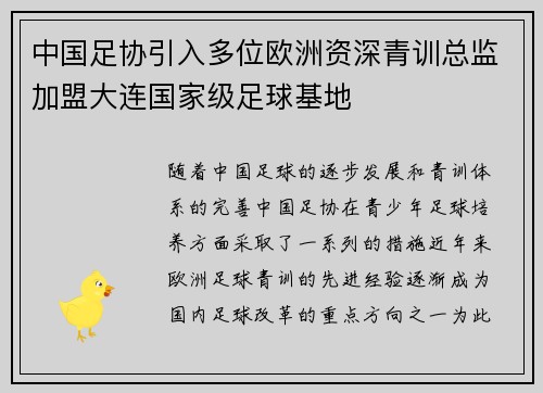中国足协引入多位欧洲资深青训总监加盟大连国家级足球基地